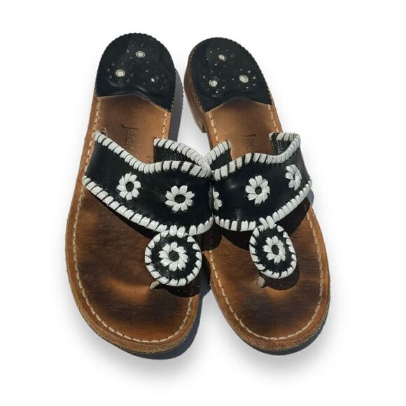 Jack Rogers Classic Whip-Stitch Palm Beach Leather Thong Sandal Black & White 8M - Picture 2 of 6